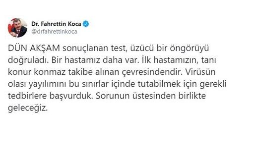 SAĞLIK BAKANI AÇIKLADI: BİR HASTADA DAHA CORONA VİRÜS ÇIKTI