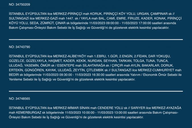 İstanbul’da elektrikler kesilecek! 11 Mart Cumartesi gününe dikkat! İstanbul’da elektrikler kesilecek! 11 Mart Cumartesi gününe dikkat!