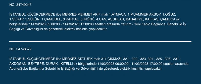 İstanbul’da elektrikler kesilecek! 11 Mart Cumartesi gününe dikkat! İstanbul’da elektrikler kesilecek! 11 Mart Cumartesi gününe dikkat!