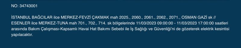 İstanbul’da elektrikler kesilecek! 11 Mart Cumartesi gününe dikkat! İstanbul’da elektrikler kesilecek! 11 Mart Cumartesi gününe dikkat!