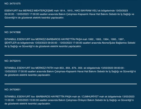 İstanbul’un yüzlerce sokağında elektrikler kesilecek (13 Mart) | Bu adreslere dikkat!
