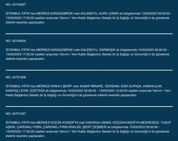 İstanbul’un yüzlerce sokağında elektrikler kesilecek (13 Mart) | Bu adreslere dikkat!