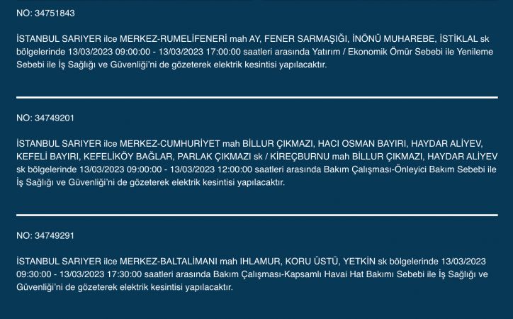 İstanbul’un yüzlerce sokağında elektrikler kesilecek (13 Mart) | Bu adreslere dikkat!