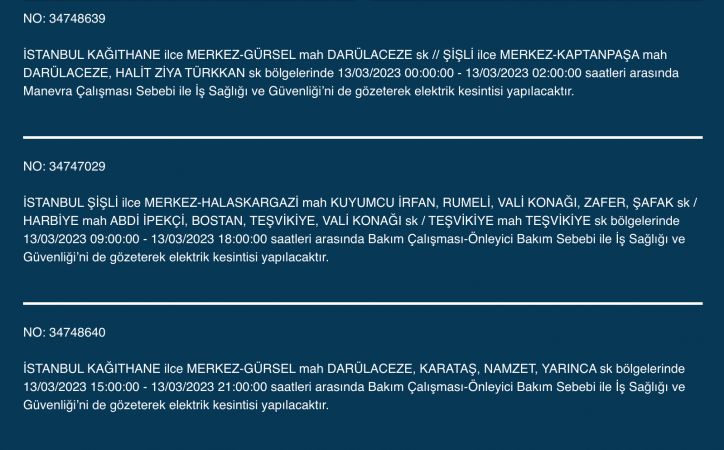 İstanbul’un yüzlerce sokağında elektrikler kesilecek (13 Mart) | Bu adreslere dikkat!