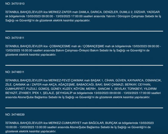 İstanbul’un yüzlerce sokağında elektrikler kesilecek (13 Mart) | Bu adreslere dikkat!