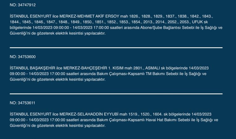 Megakente uyarı! Yüzlerce adreste elektrikler saatlerce kesilecek! (14 Mart)