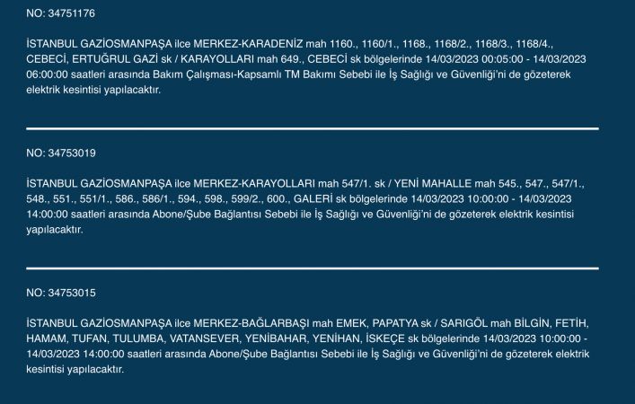 Megakente uyarı! Yüzlerce adreste elektrikler saatlerce kesilecek! (14 Mart)