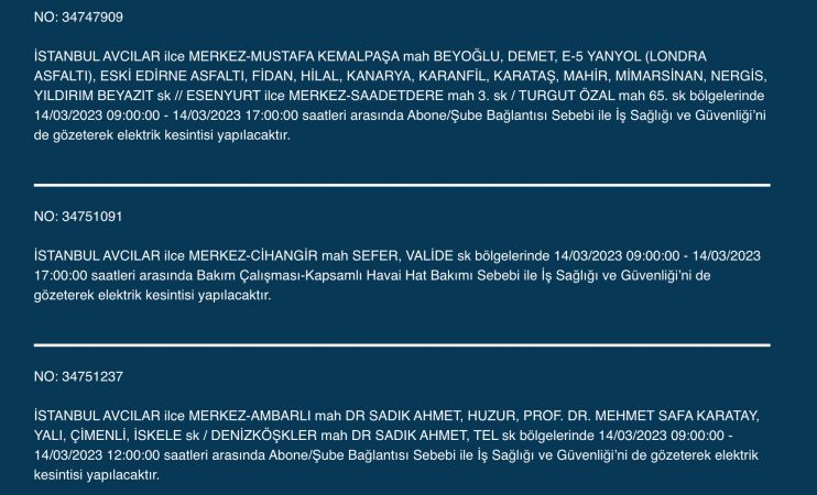 Megakente uyarı! Yüzlerce adreste elektrikler saatlerce kesilecek! (14 Mart)