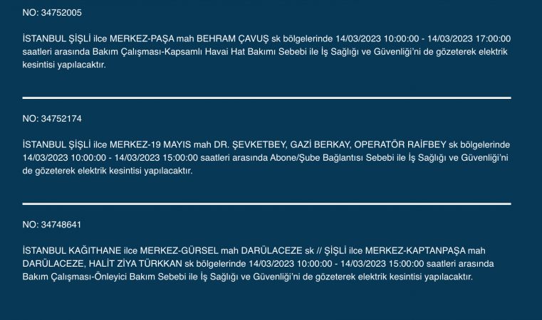 Megakente uyarı! Yüzlerce adreste elektrikler saatlerce kesilecek! (14 Mart)