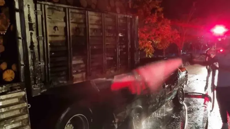 Tomruk yüklü tıra çarpan otomobil alev alev yandı: 1 ağır yaralı