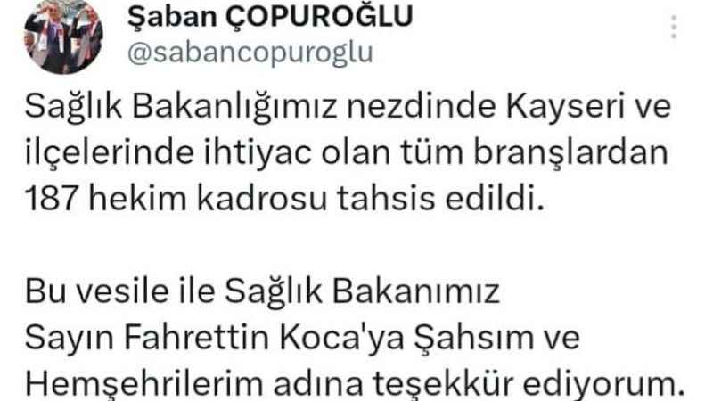 Kayseri’ye ‘doktor’ müjdesi