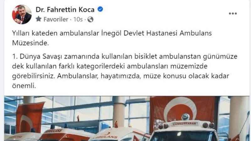 Bakan Koca, Bursa Ambulans Müzesi'ni paylaştı
