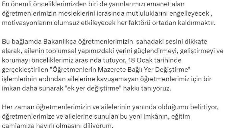 Öğretmenlere ek yer değiştirme hakkı