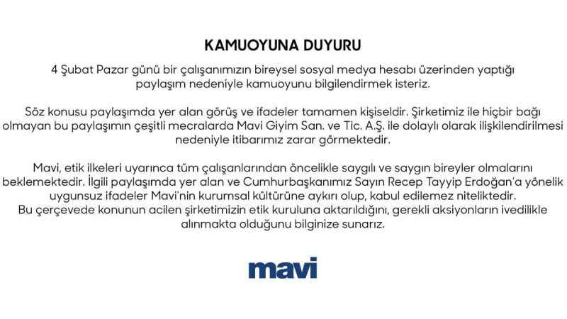 Mavi’den Cumhurbaşkanı Erdoğan’a hakaret eden çalışanıyla ilgili açıklama