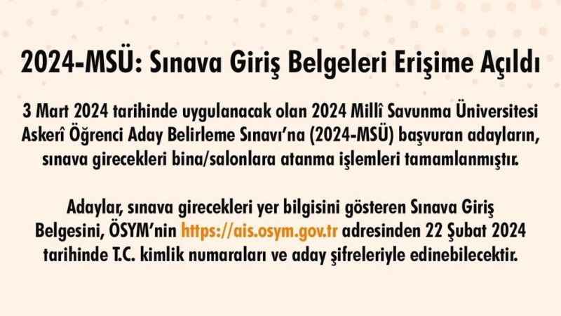 2024-MSÜ sınava giriş belgeleri erişime açıldı