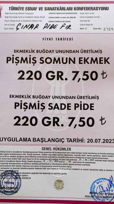 Ekmek Adana’da 20 Temmuz’dan itibaren 7.5 lira