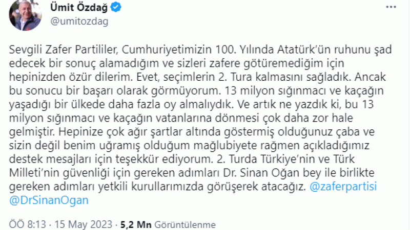 Ümit Özdağ'dan partililere özür mesajı