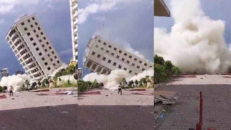 Hasarlı binanın yıkım sırasında çöktüğü anlar kamerada