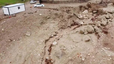 Konteynerin sele kapıldığı yer dron ile görüntülendi