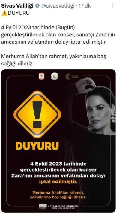 Amcası ölen ünlü sanatçının Sivas konseri iptal edildi