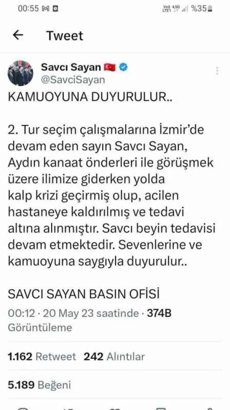 Kalp krizi geçiren AK Partili Savcı Sayan'a anjiyo yapıldı
