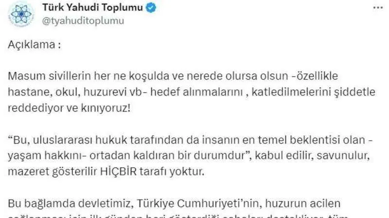 Türk Yahudi Toplumu İsrail’in hastaneye saldırısını kınadı