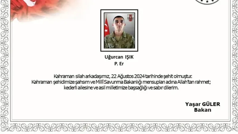 KKTC’de meydana gelen trafik kazasında Piyade Er Uğurcan Işık şehit oldu