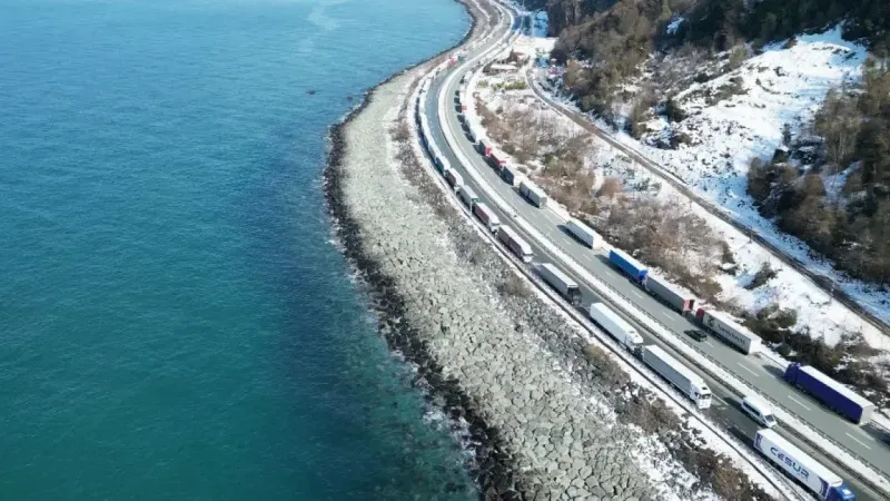Gürcistan’daki yoğun kar yağışı nedeniyle Artvin’de uzun tır kuyrukları oluştu