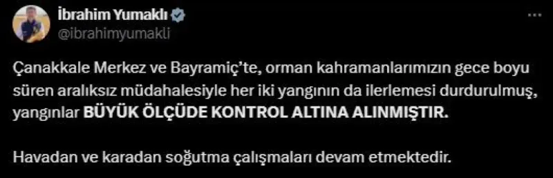 Bakan Yumaklı: "Yangınlar büyük ölçüde kontrol altına alınmıştır"