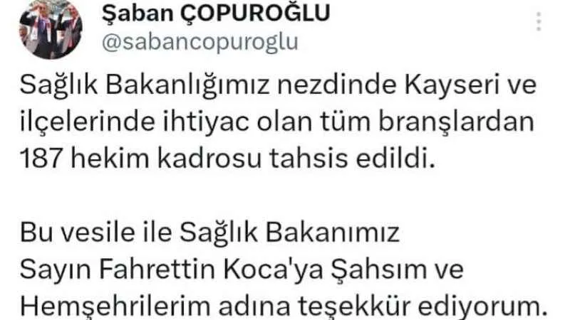 Kayseri’ye ‘doktor’ müjdesi