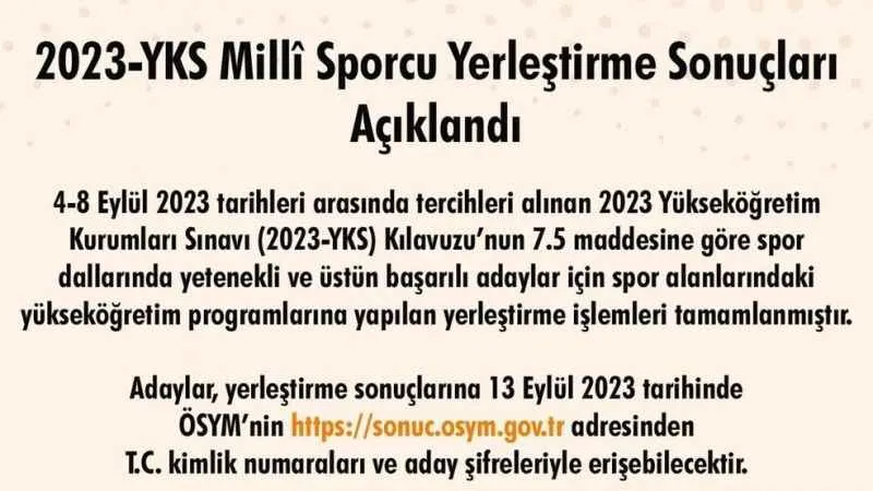 2023-YKS Milli Sporcu yerleştirme sonuçları açıklandı