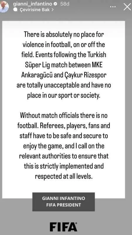 FIFA Başkanı Infantino, Halil Umut Meler'e yapılan saldırıyı kınadı