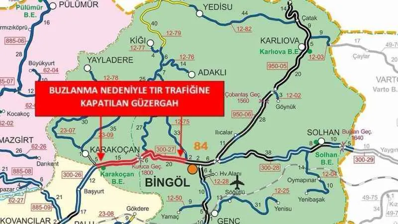 Bingöl - Elazığ karayolu buzlanma nedeniyle tır trafiğine kapatıldı