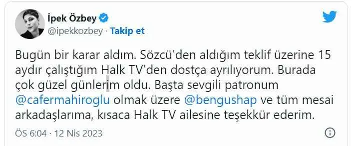 İpek Özbey Halk TV'den ayrıldı
