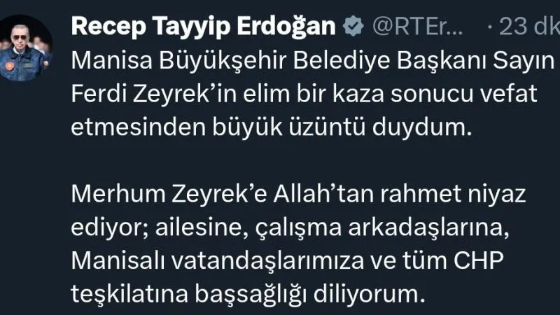 Cumhurbaşkanı Erdoğan’dan Ferdi Zeyrek için taziye mesajı