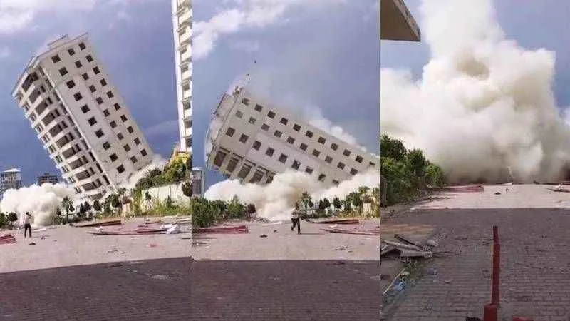 Hasarlı binanın yıkım sırasında çöktüğü anlar kamerada